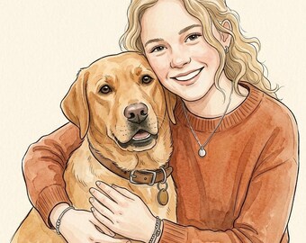 Custom Pet Owner Portrait Gifts, Personalized Pet Line Illustration Art, Digital Pet Sketch Outline from Photo, Watercolor Dog & Cat Drawing