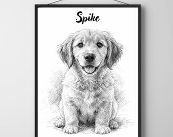 Custom Pet Sketch Portrait From Portrait - Personalized Black and White Dog Memorial Gift