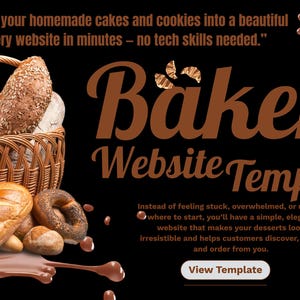 May include: A promotional image for a bakery website template. A basket of bread and pastries is featured on a black background with chocolate accents. Text includes "Bakery Website Template" and "View Template."