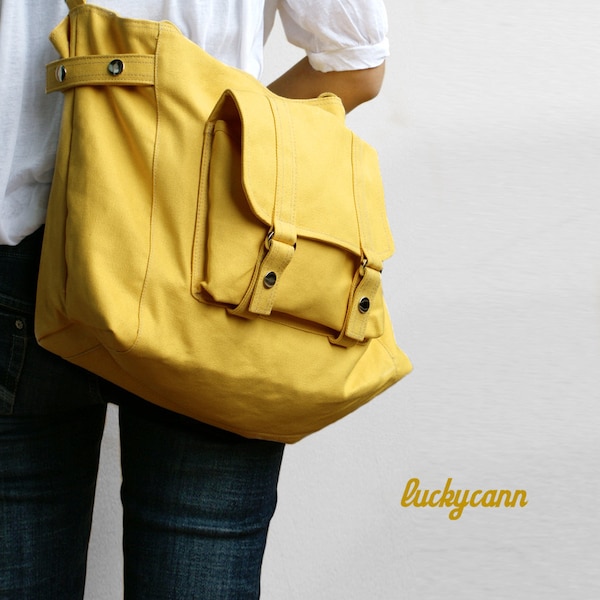 CARSON // LemonChiffon / Line with Beige / 032 / Ship in 3 days // Messenger / Diaper bag / Shoulder bag / Tote bag / Purse / Gym bag
