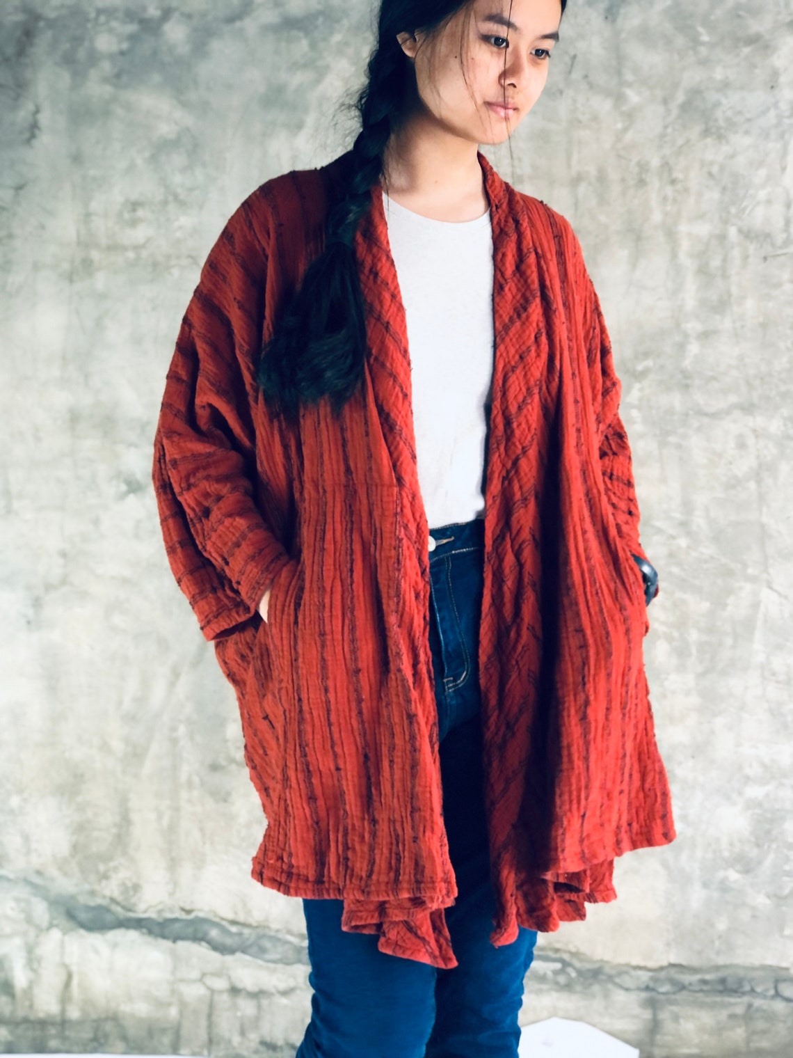 Unisex Gauze Cotton Oversized Waterfall Cardigan in Orange Etsy