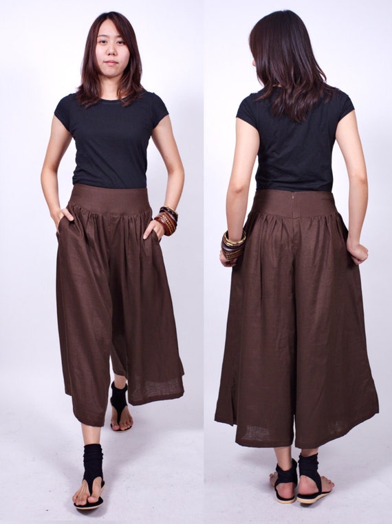 Brown Linen Skirt Pant with Pockets Wide Leg Ankle Pants Etsy