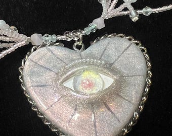 ハンドメイドのグリッターイービルアイハートネックレス、ビーズボヘミアンジュエリー