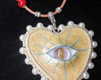 手作りの粘土製ハート型イービルアイペンダントネックレス - ビーズボヘミアンジュエリー