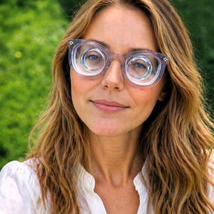 May include: A woman wearing clear-framed spectacles with a distinctive double-lens design. The frames have a light purple tint and small star-shaped details on the corners. The woman has long, wavy brown hair and is wearing a white collared shirt.