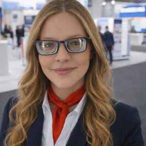 May include: A woman with long blonde hair wearing black-framed glasses, a white collared shirt, a red scarf, and a navy blue blazer. The background is a convention centre with blurred booths and people.