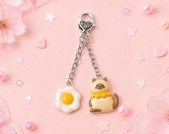 Kawaii Cat and Fried Egg Purse Charms, Zipper Bag Accessory, Handmade Resin Clip