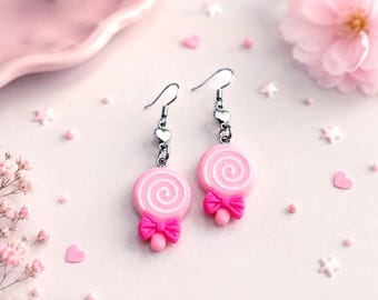 Pink Lollipop Earrings Kawaii Jewelry Girly Hearts and Bows Girls Teen Accessories
