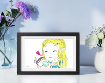 5x7 Framed- Princess Zelda Terrako Drawing – *Hand Drawn Fan Art