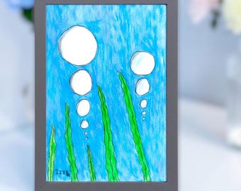 5x7 Framed- Hand Drawn Underwater Ocean Art Bubbles, Seaweed