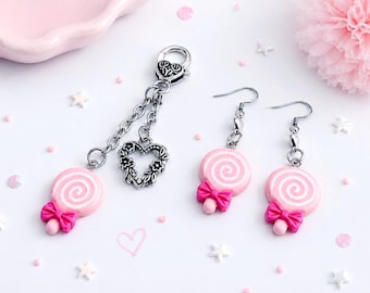 Pink Swirl Lollipop Earrings and Purse Zipper Charm *Set, Kawaii Bow Accessories