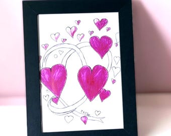 5x7 Framed Art - Pink Hearts Framed Artwork Hand Drawn  - Photo