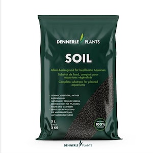 May include: A dark green bag of Dennerle Plants soil for aquariums. The front features the text SOIL, Complete substrate for planted aquariums, 3 L, and 3 KG. A diagonal window shows the dark, granular substrate inside the packaging.