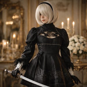 YoRHa 2B Cosplay Costume Full Set Black Dress With Wig Anime Outfit