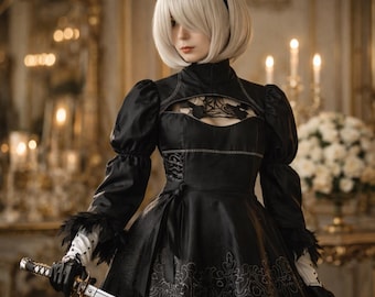 Disfraz de cosplay de YoRHa 2B, conjunto completo, vestido negro con peluca, atuendo de anime