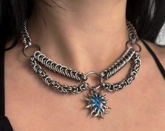 Labradorite Spike Necklace – Soldered Gothic Chainmail Choker, Stainless Steel Statement Necklace, Handmade Jewelry