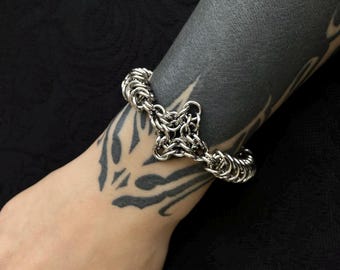 Aether Bracelet – Handmade Stainless Steel Chainmail, Diamond Armor Weave, Gothic Statement Jewelry