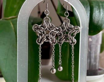 Star Chainmail Earrings – Stainless Steel Handmade Chainmaille Dangle Earrings, Statement Medieval Jewelry