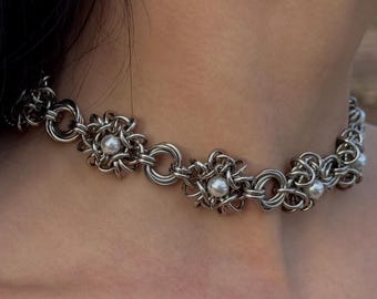 OBSCURA Handmade Stainless Steel Chainmail Choker – Pearl Gothic Jewelry