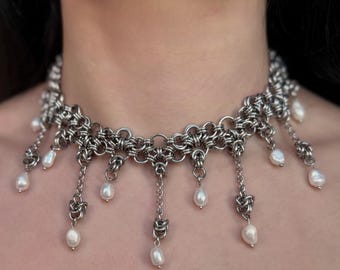 Moonfall Necklace – Handmade Stainless Steel Chainmail Choker with Freshwater Pearls, Gothic Statement Metal Jewelry
