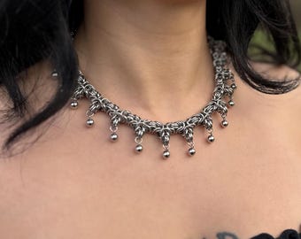 Calista Necklace – Stainless Steel Chainmail Necklace with Metal Drop Charms, Gothic Elegant Statement Jewelry