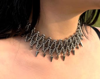 VEX Spike Chainmail Choker – Stainless Steel Statement Collar, Handmade Metal Choker