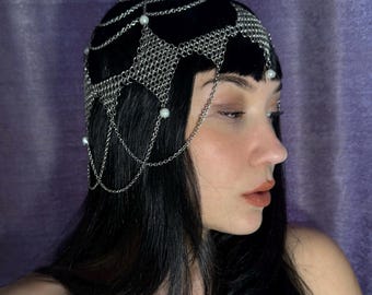 Chainmail Headpiece – Handmade Stainless Steel Medieval Headdress with Pearls – Renaissance Festival Gothic Hair Jewelry