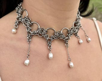 Sovereign Necklace – Stainless Steel Chainmail Choker with Freshwater Pearls, Gothic Statement Metal Jewelry