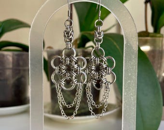 Noctiflora Stainless Steel Chainmail Earrings - Handmade Flower Jewelry