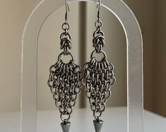 Vanguard Chainmail Spike Earrings – Stainless Steel Dangle Earrings, Handmade Armor-Inspired Jewelry, Edgy Gothic Style