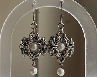 Rei Earrings – Stainless Steel Chainmail Pearl Earrings, Gothic Minimal Handmade Jewelry