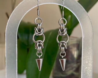 Volt Chainmail Spike Earrings – Stainless Steel Dangle Earrings, Handmade Armor-Inspired Jewelry, Gothic Style