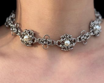 Midnight Pearl Choker – Stainless Steel Chainmail Necklace
