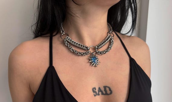 Labradorite Spike Necklace – Soldered Gothic Chainmail Choker, Stainless Steel Statement Necklace, Handmade Jewelry