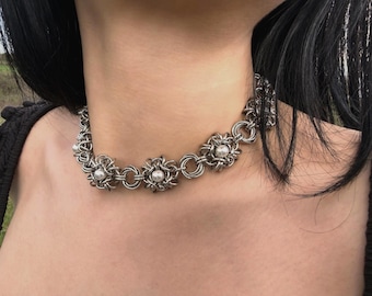 OBSCURA Handmade Stainless Steel Chainmail Choker – Pearl Gothic Jewelry