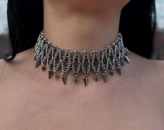 VEX Spike Chainmail Choker – Stainless Steel Statement Collar, Handmade Metal Choker