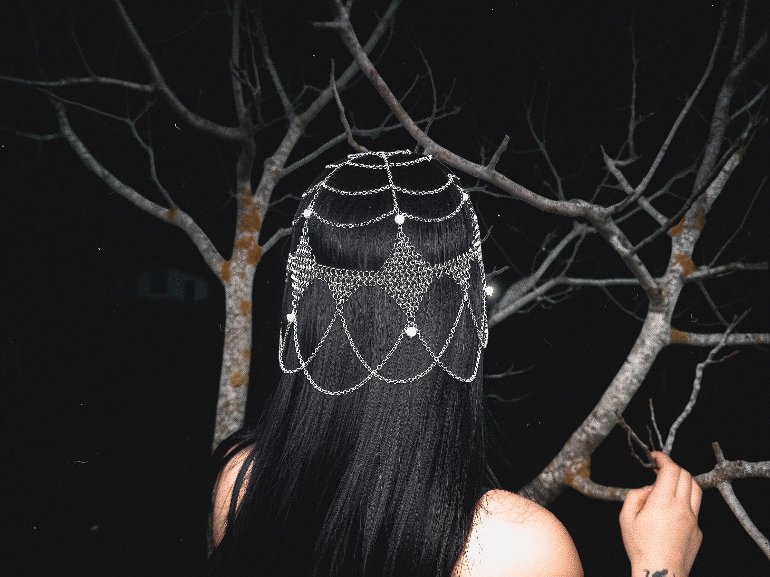 Chainmail Headpiece - Handmade Stainless Steel Medieval Headdress with Pearls - Renaissance Festival Gothic Hair Jewelry