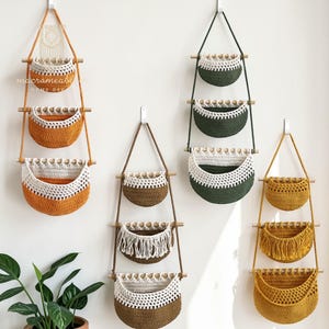 3 Tier Hanging Macrame Fruit Basket, Boho Kitchen Storage, Farmhouse Produce Organizer
