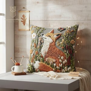 Könnte beinhalten: Besticktes Zierkissen mit einem Fuchs in einem Blumenfeld. Das Kissen hat einen grauen Hintergrund mit einem detaillierten Design eines Fuchses mit orangefarbenem und weißem Fell, umgeben von bunten Blumen und einem Schmetterling. Das Kissen ist handgefertigt.