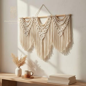 Muurhanger macramé boho – handgeweven crèmewitte vezelkunst