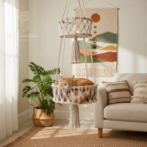 Macramé kattenhangmat | Boho hangend kattenbed | Huisdiermeubilair van katoenen touw