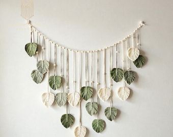 Modern Boho Macrame Wall Hanging, Woven Leaf Art, Green Beige Textured Decor