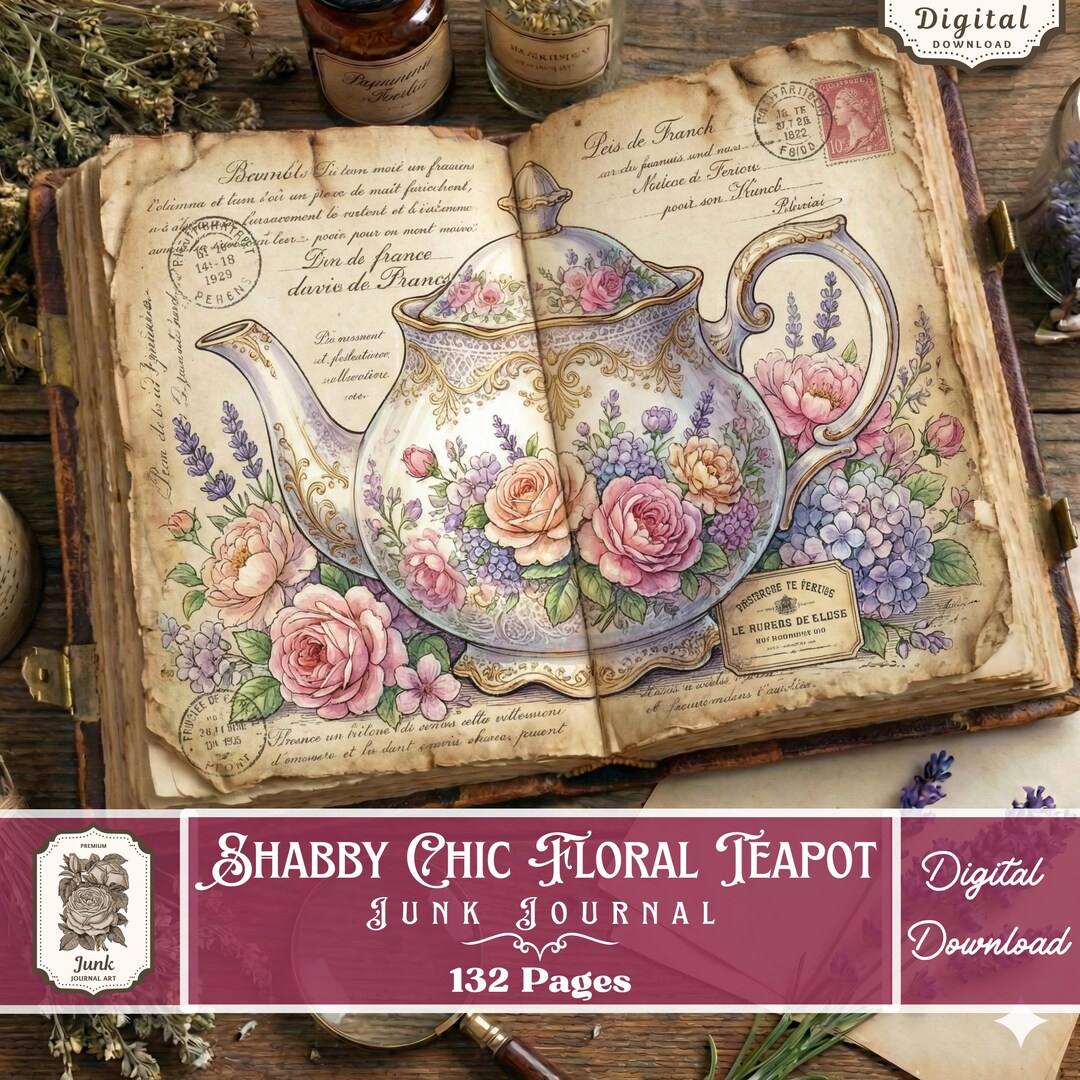 Shabby Chic Floral Teapot Junk Journal Kit, Pastel Rose Ephemera ...