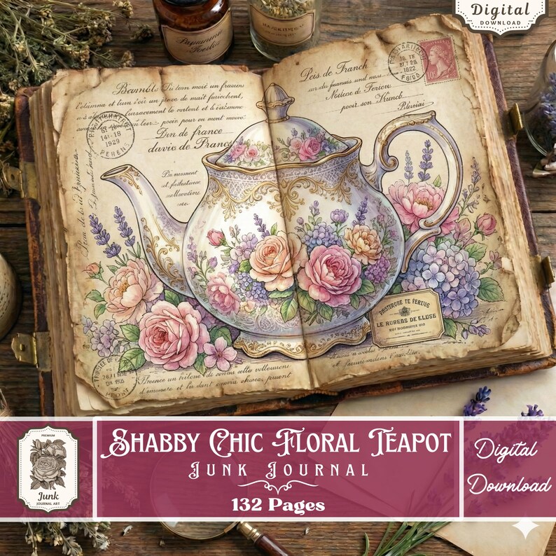 Shabby Chic Floral Teapot Junk Journal Kit, Pastel Rose Ephemera ...