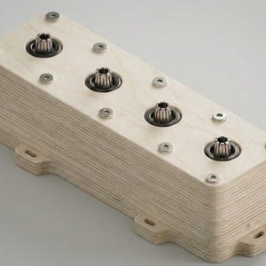 Può includere: Componente rettangolare in legno chiaro con quattro elementi di fissaggio in metallo e viti argentate. Il legno chiaro ha un aspetto stratificato. Gli elementi di fissaggio in metallo sono circolari con un design a ingranaggi.