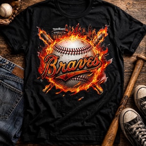 Braves Flaming Baseball PNG SVG, Fire Baseball Shirt Design, grafische stijl, sport T-shirt Design, digitale download 300 DPI