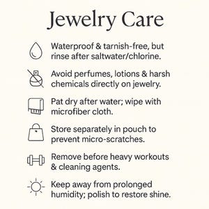 May include: A white graphic titled "Jewellery Care" with care instructions. These include rinsing after saltwater, avoiding perfumes, patting dry, storing separately, removing before workouts, and avoiding humidity to maintain shine.