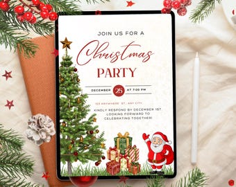 May include: A digital Christmas party invitation on a tablet. The invitation features a Christmas tree, gifts, and Santa Claus. Text includes "Christmas Party" and the date, December 25th. The tablet is surrounded by festive decorations.
