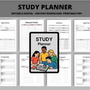 Può includere: Un pianificatore di studio digitale con varie pagine per l'organizzazione. Il pianificatore include sezioni per panoramiche dei soggetti, monitoraggio delle password, recensioni di libri e compiti. La copertina del pianificatore presenta un'illustrazione di cartoni animati di studenti che studiano insieme.