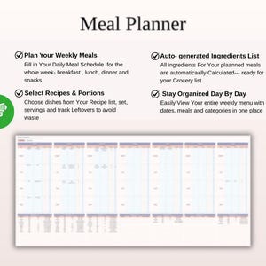 The image is a screenshot of a meal planning app interface, displaying various features and options for meal planning.